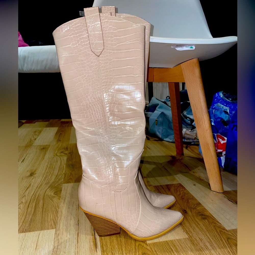 Nasty Gal Cream Croc Knee Cowgirl Boots